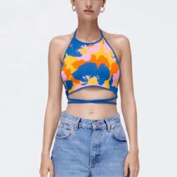NWOT Zara Open back tie halter colorful crop top - Picture 1 of 6